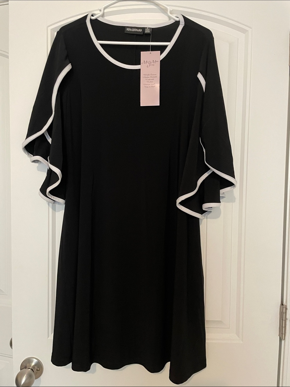 Nina Leonard Black Dress with White Trim - Ruffle Sleeve Shift